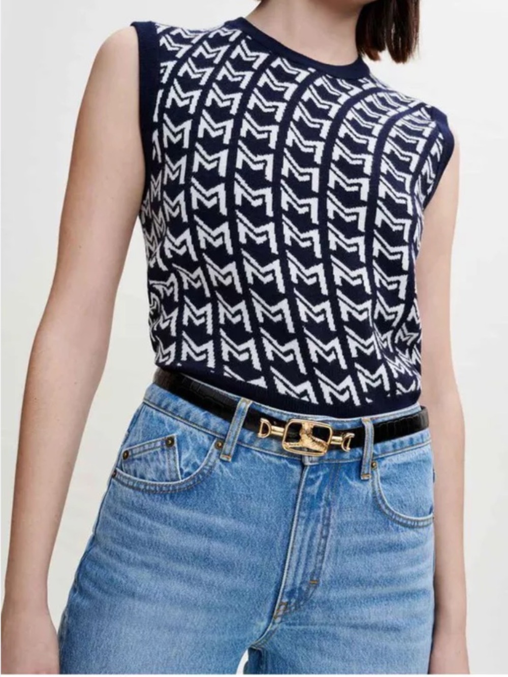 Maje Monoly Geometric Motif Jacquard Knit Cropped Sweater Vest
